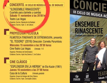 “Ilensamble Rinascente” Cuarteto para clarinete y cuerdas. Sábado 11 de noviembre a las 20:00 horas. Cine-Teatro “Las Vegas”