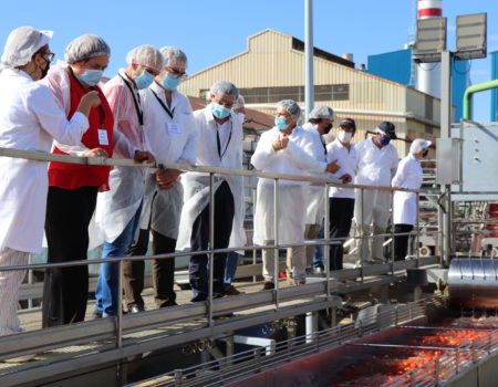 El alcalde Miguel Ángel Gallardo y la consejera de Desarrollo Rural, Población y Territorio Begoña García, visitan la fábrica de tomates Transa